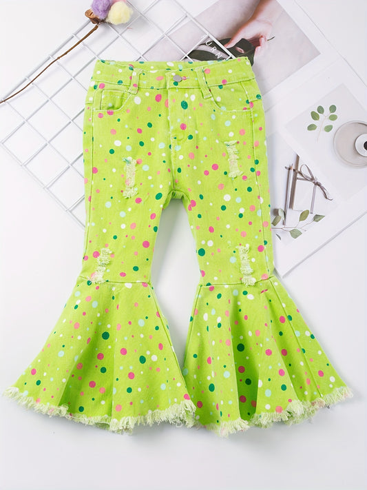 Toddler Girls Polka Dot Ripped Jean Flare Pants Set