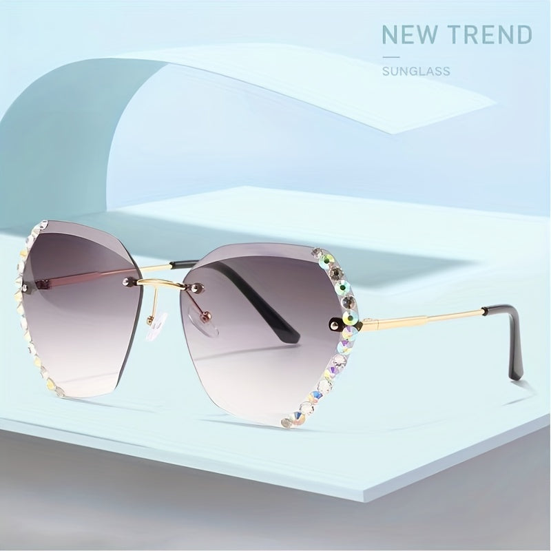 Rhinestone Decor Rimless Sunglasses For Women Gradient Lens UV400