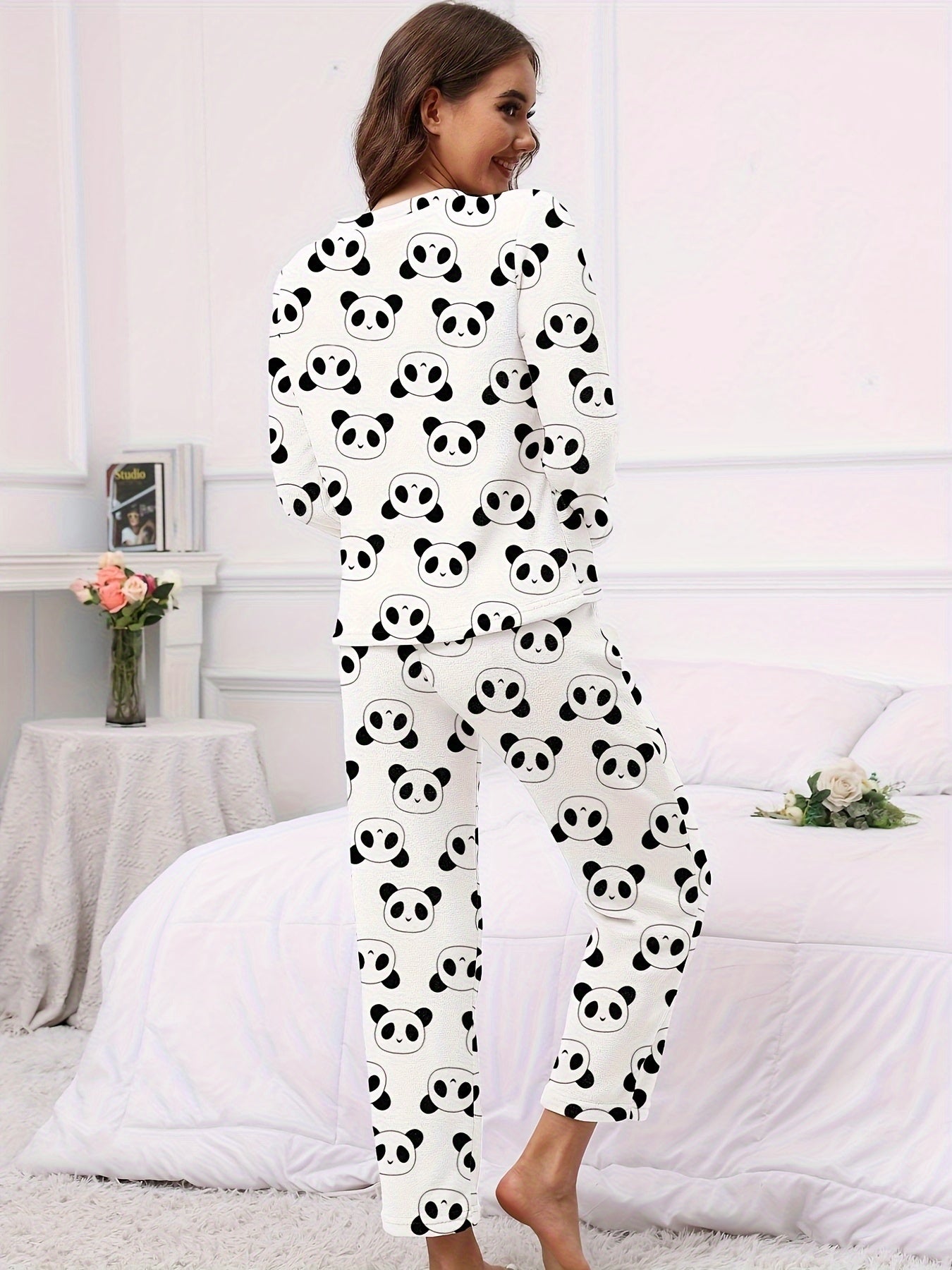 Panda Print Pajama Set Long Sleeve Top & Elastic Waistband Pants