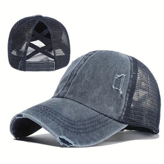 Distressed Ponytail Trucker Hat Mesh Baseball Cap for Women
