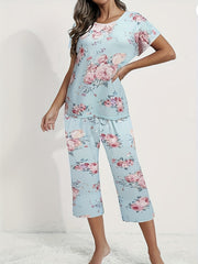 Floral Print Pajama Set Short Sleeve Crew Neck Top & Crop Pants
