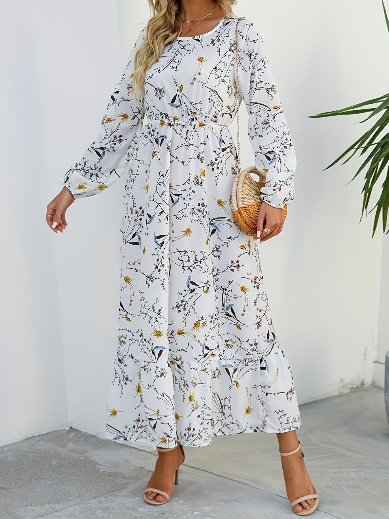 Floral Print Crew Neck Dress Long Sleeve for Spring & Fall