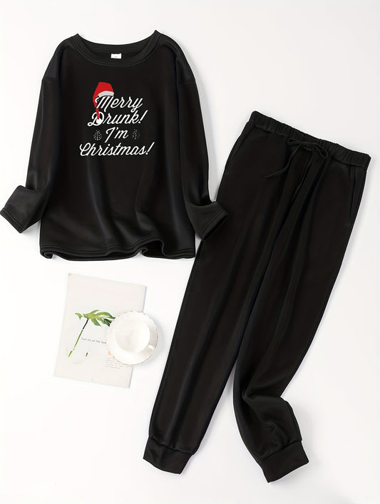  Christmas Lounge Set Hat & Letter Print Top & Tie Pants Pajamas