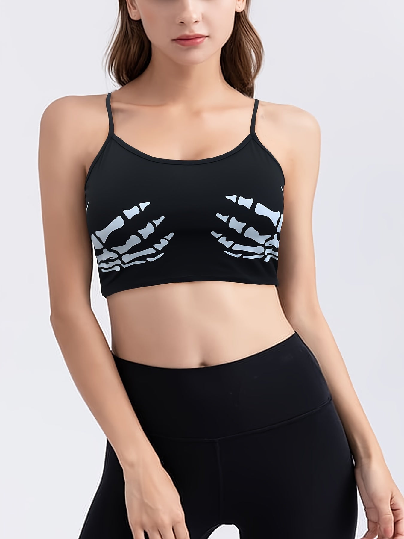  Halloween Skeleton Print Sports Bra Medium Stretch Fitness Gym Bra
