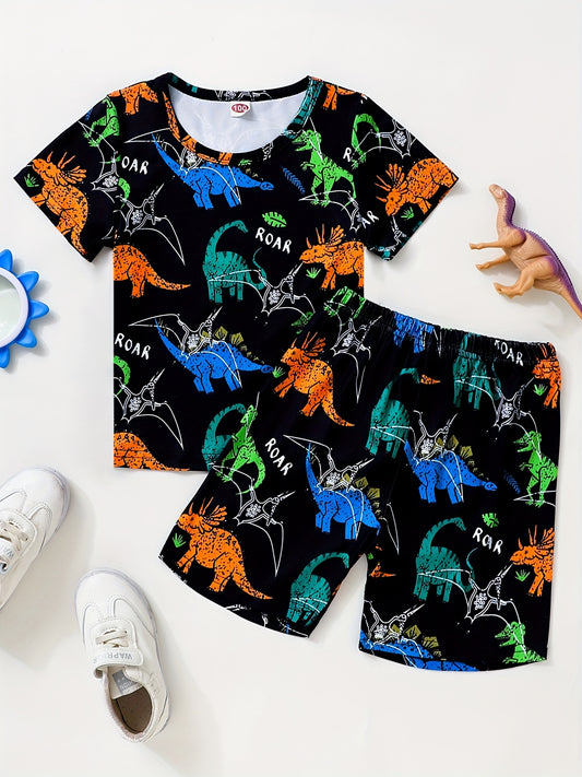 2pcs Boys Dinosaur Graphic Print Tee & Shorts Set Summer Kids Clothes