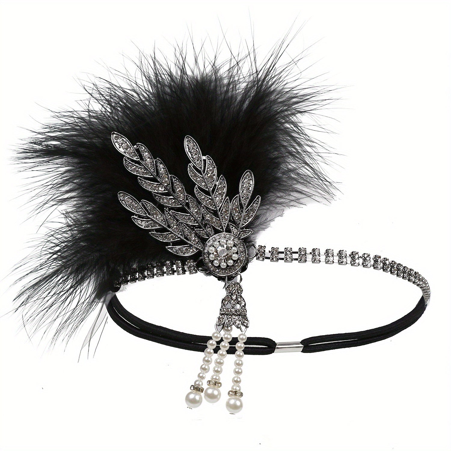 Rhinestone Flapper Headband with Feather & Pearl Tassel