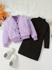 Girls Style Suit V Neck Coat With Pockets Plus Knitted Dress