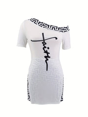 Geometric Print Two Piece Set Short Sleeve Split T-shirt & High Waist Shorts
