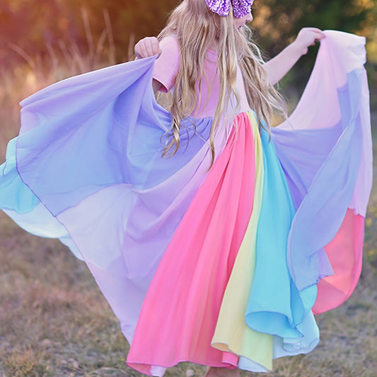 Girls Rainbow Splicing Cotton Dress Kids Summer Clothes