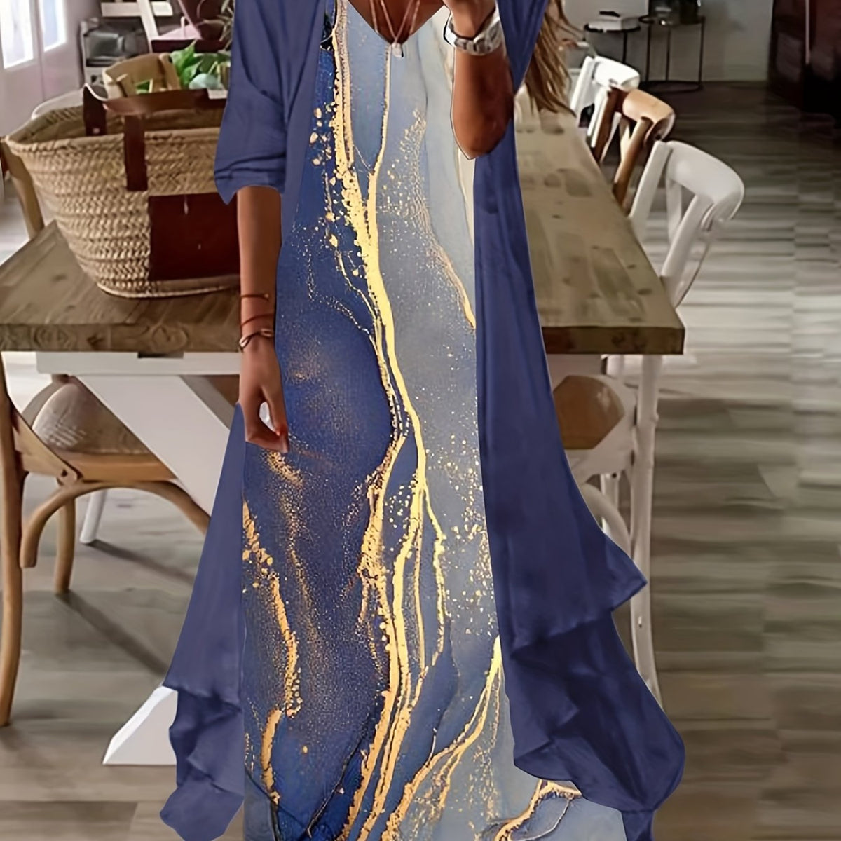 Casual Two-piece Dress Set Half Sleeve Coat & Marble Print Tank Dress