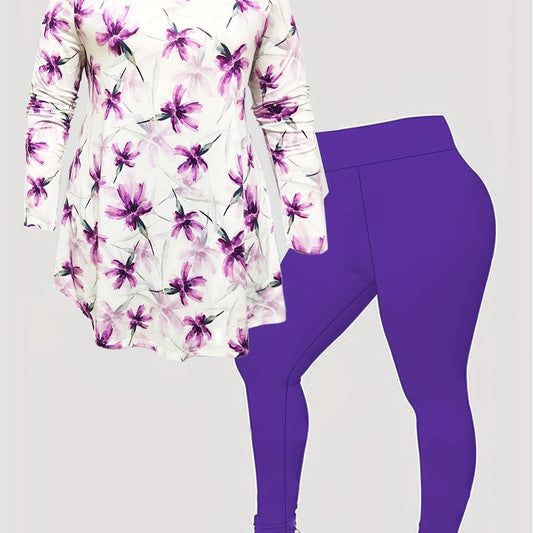 Plus Size Floral Print Top & Solid Leggings 2 Piece Set