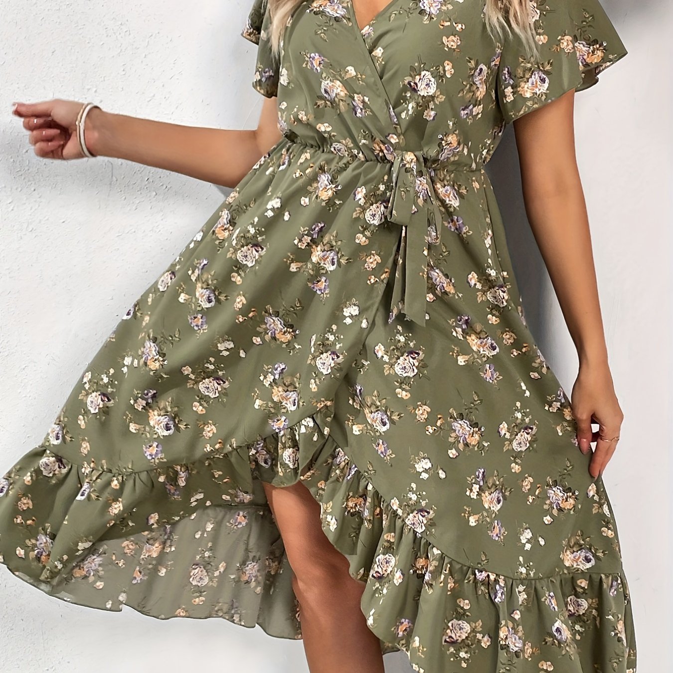 Floral Print Knot Side Wrap Allover Dress