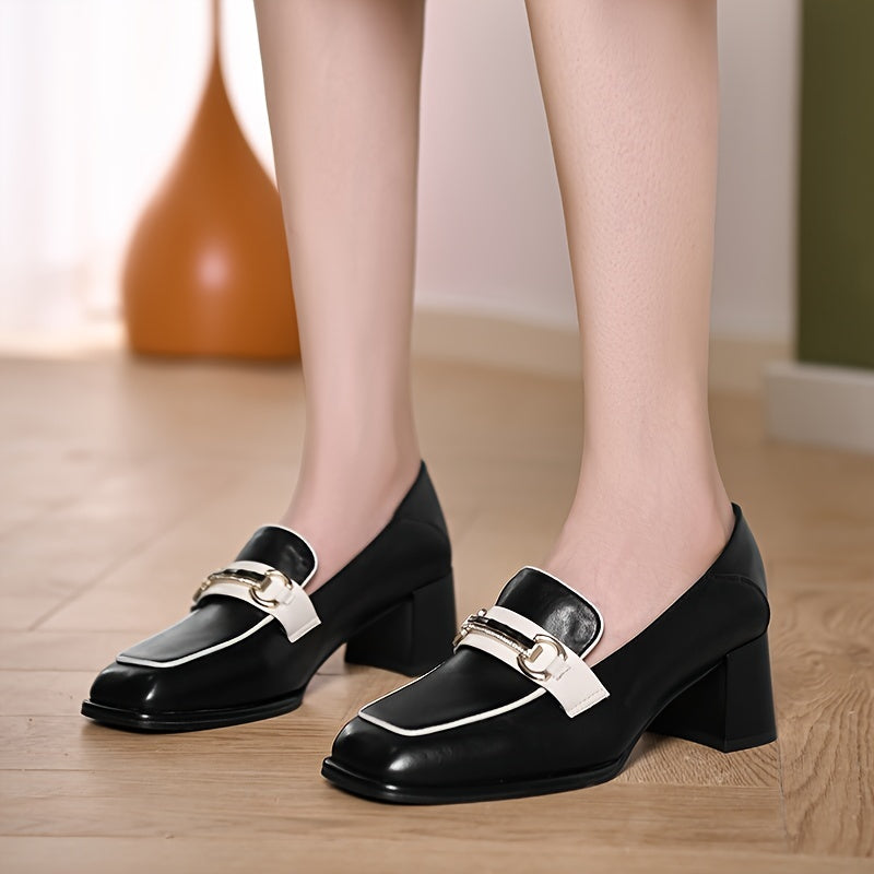 Women's Chunky Heel Chain Decor Loafers Non Slip Slip On Shoes