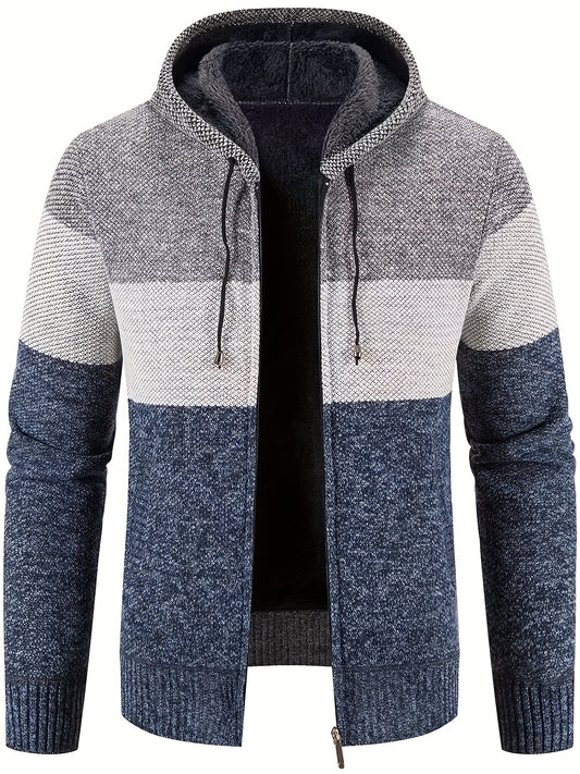 Men's Sherpa Lined Hooded Jacket Thickened Warm Casual Knitted Cardigan