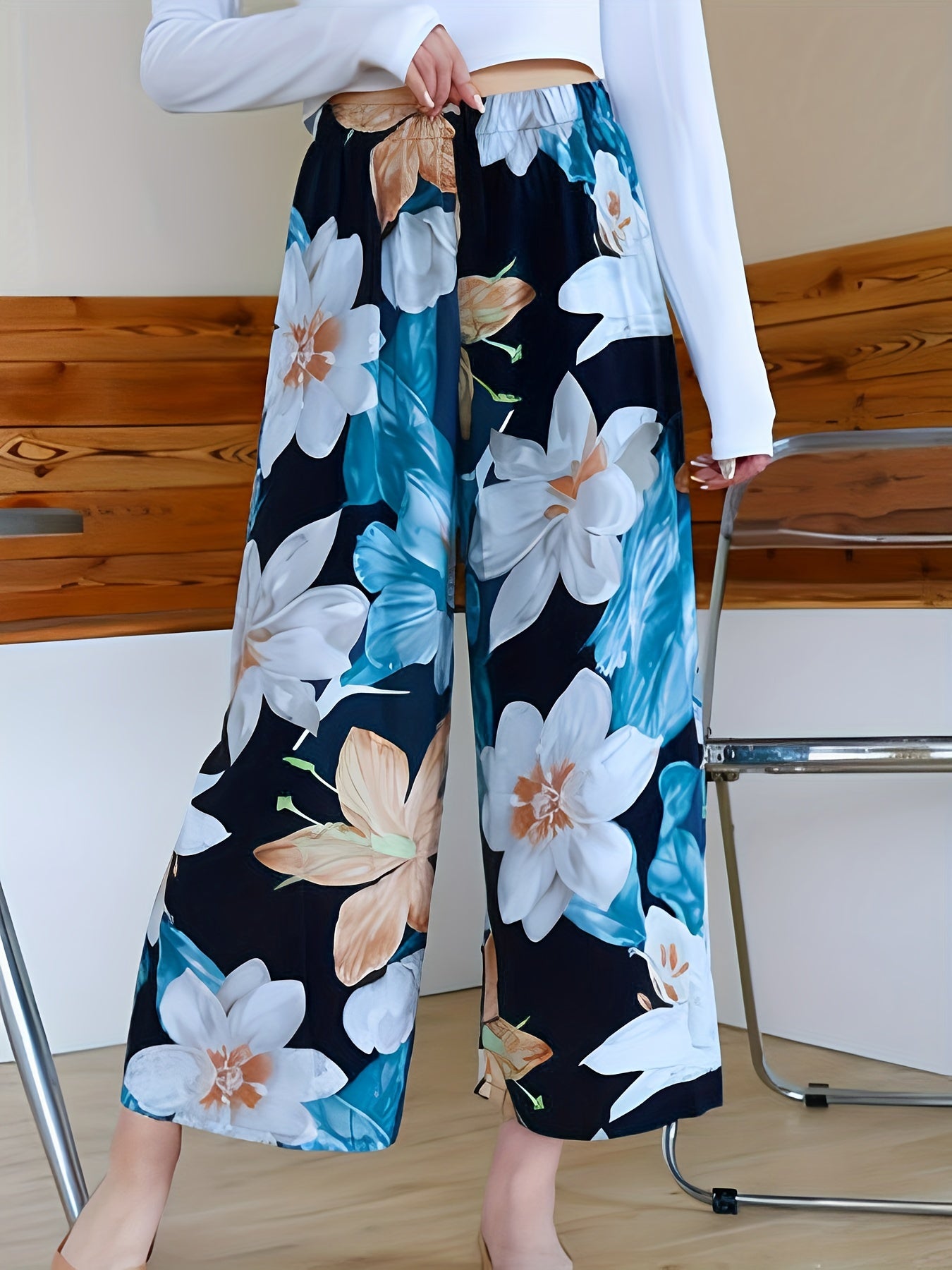 Floral Print High Rise Wide Leg Trousers