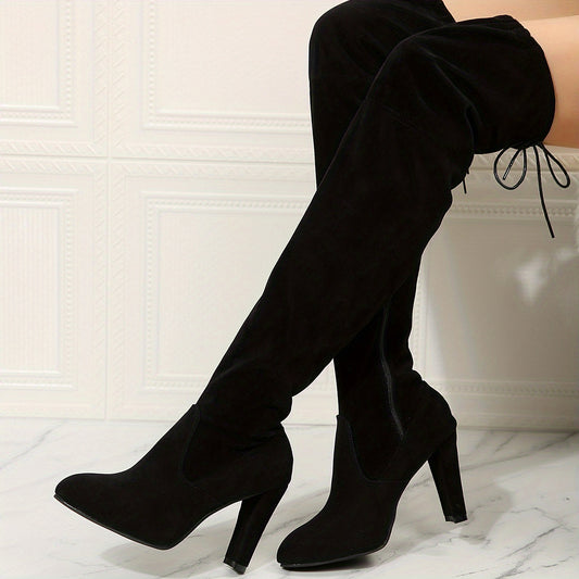 Women's Block Heel Over-The-Knee Boots Lace-Up Pointed Toe Solid