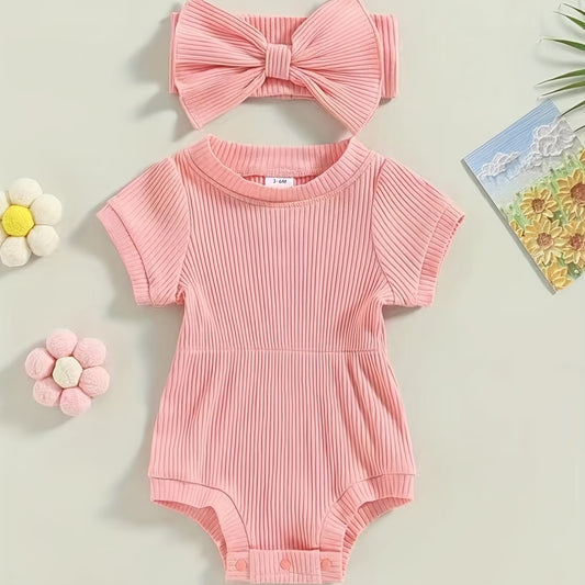 2pcs Baby Girls Short Sleeves Onesie & Bowknot Headband Set