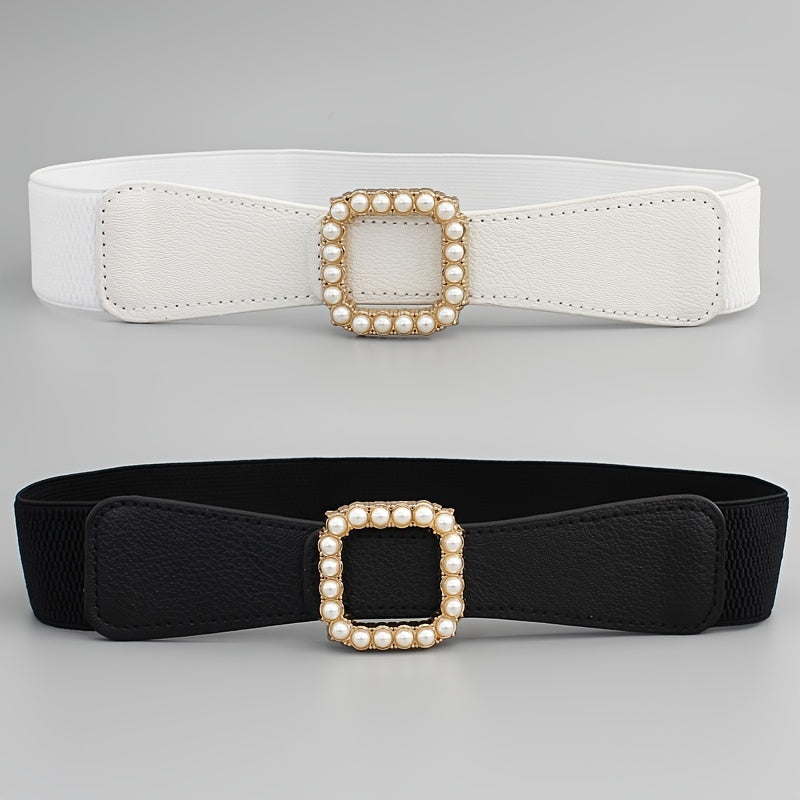 Women's Elastic Belt Square Pearls Buckle Waist Slimming Girdle