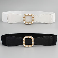 Women's Elastic Belt Square Pearls Buckle Waist Slimming Girdle