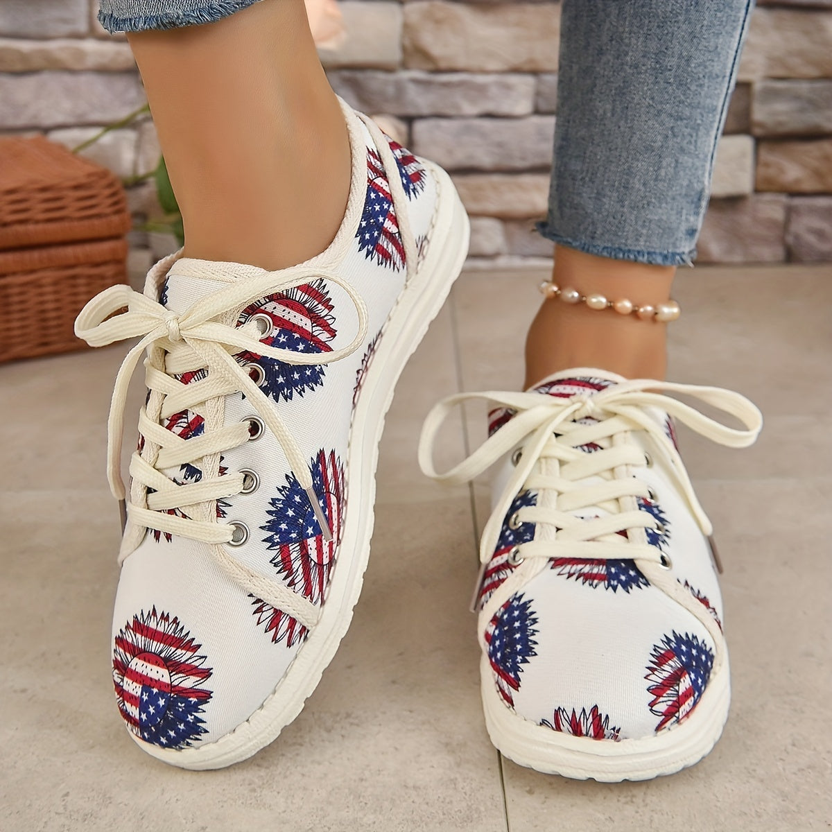 Women's Sunflower Canvas Shoes Flag Graphic Lace Up Flat Sneakers