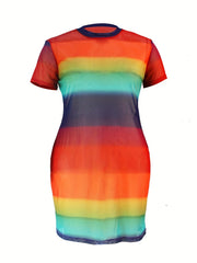  Colorblock Stripe Round Neck Sheer Fit Dress