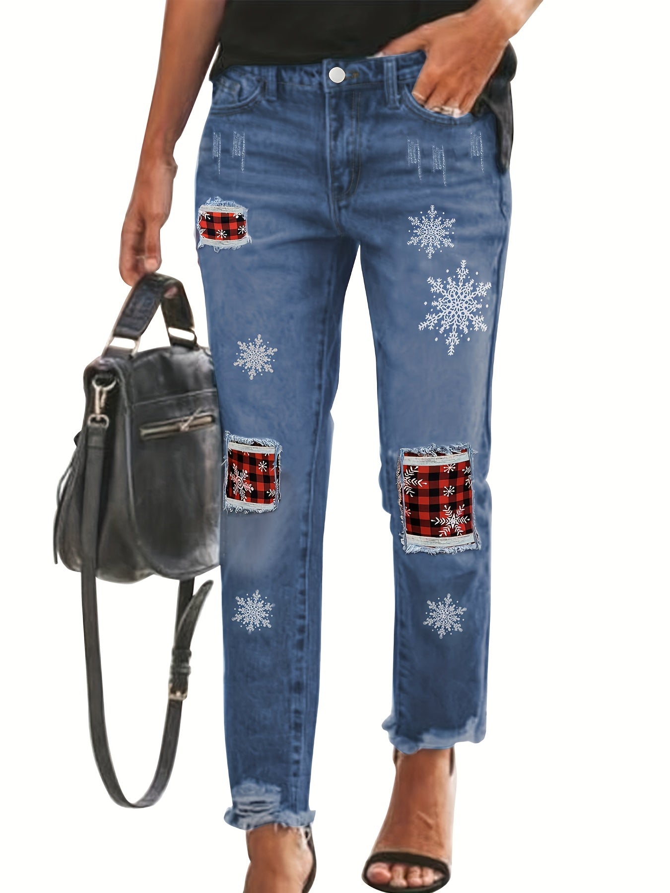 Plus Size Christmas Jeans Women's Colorblock Plaid & Snowflake Print