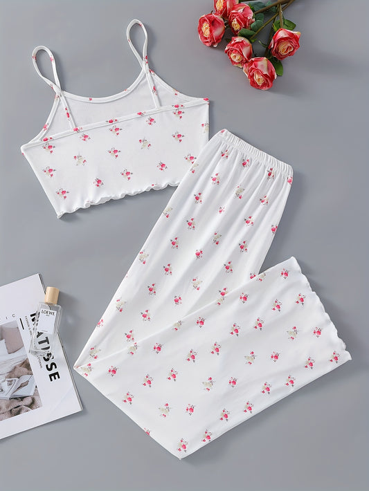 Floral Print Lounge Set Crew Neck Cami Top & Pants