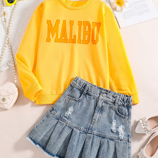 Girl's 2pcs Sweatshirt & Denim Skirt Set Letter Print Kid's Clothes