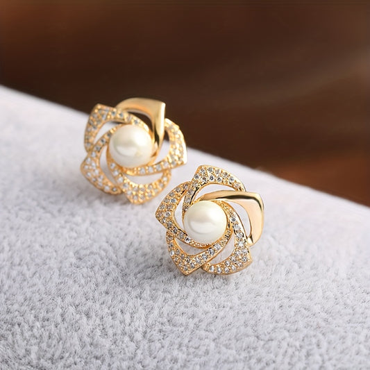 Vintage Rose Flower Rhinestone Pearl Stud Earrings Jewelry Gift