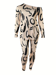  Sexy Graffiti Print One Shoulder Tunic Top & Leggings Set