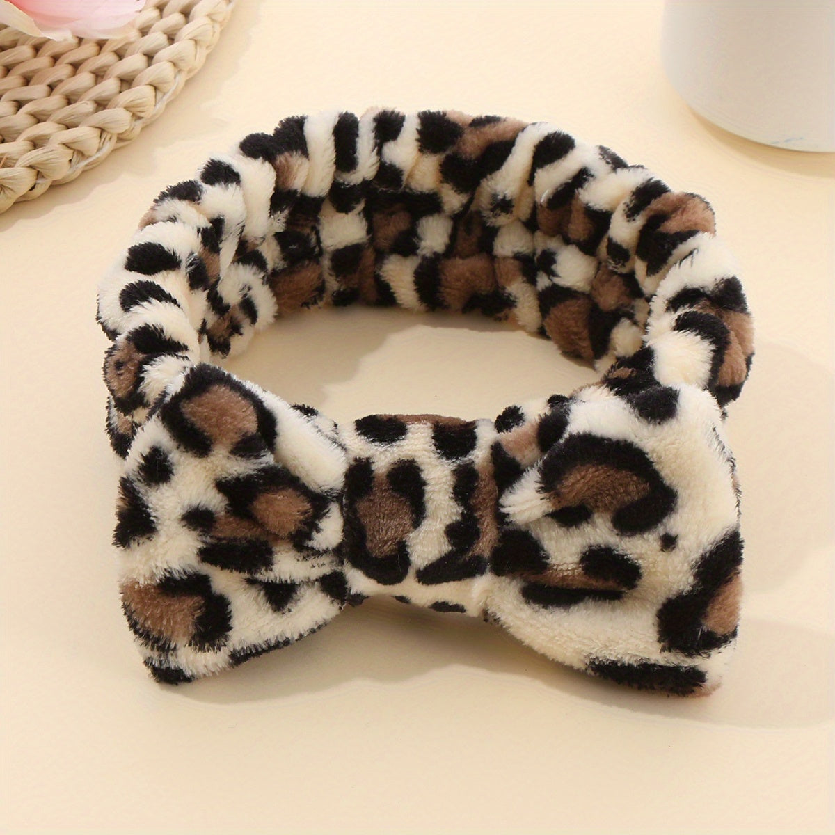 Leopard Plush Bow Headband Stretchy Headdress for Women
