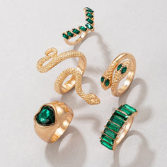 Vintage Green Gemstone Snake Rings Set - 5pcs