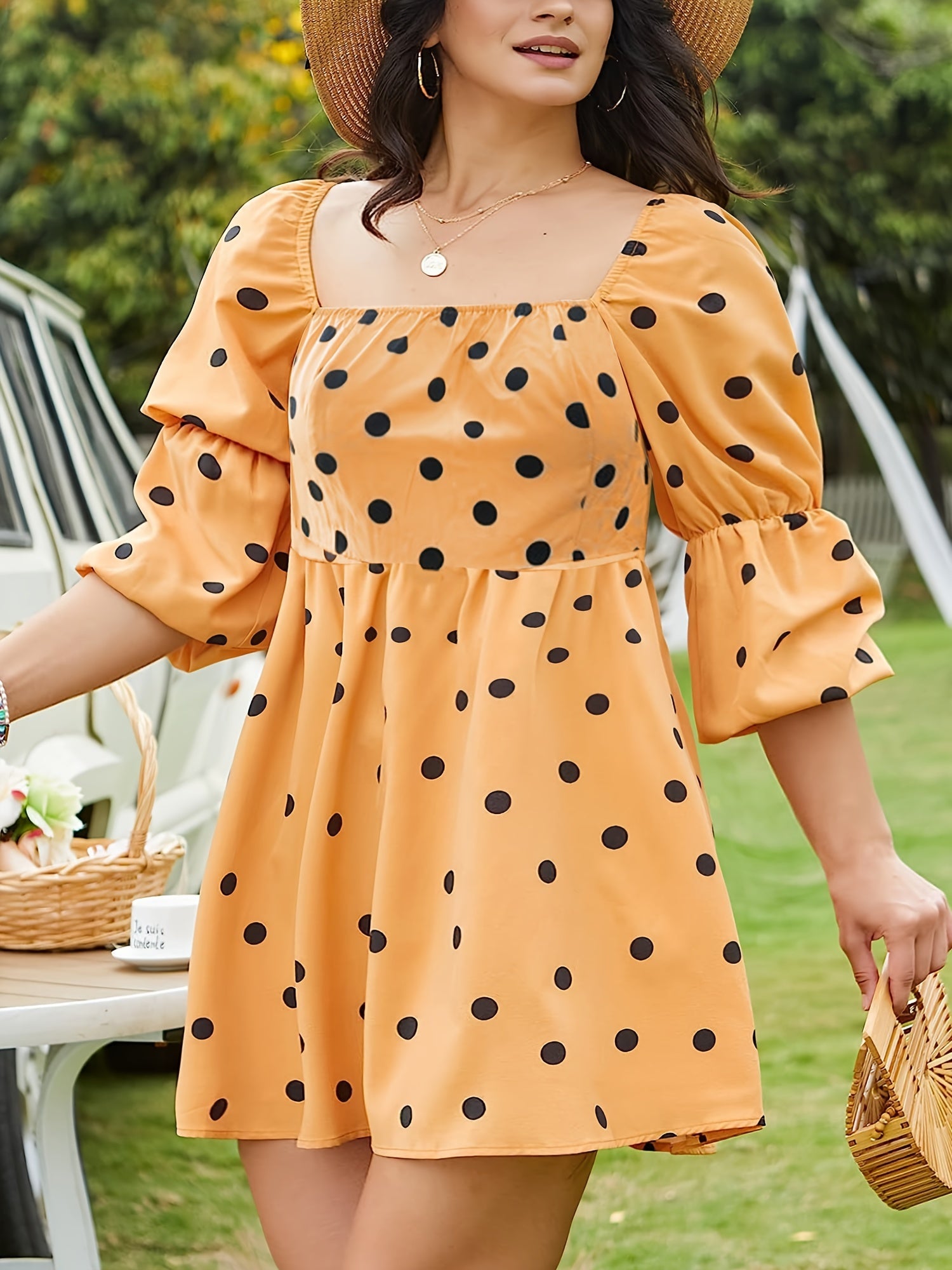  Off Shoulder Dot Print Puff Sleeve A line Mini Dress