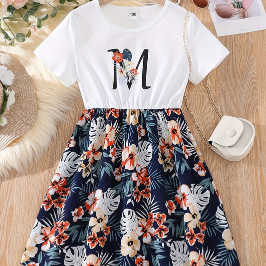 Kid Girls' Casual Dress Floral Skirt & T Shirt Patchwork Dresses