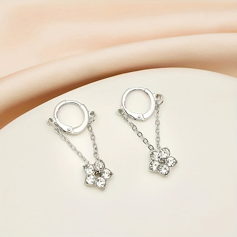 Rhinestone Flower Drop Earrings 18K Plated Hoop Huggie Ear Buckle Decor