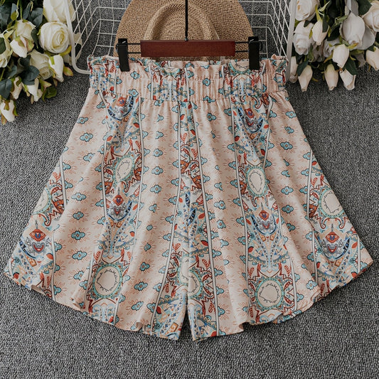  Allover Floral Print High Rise Elastic Loose Shorts