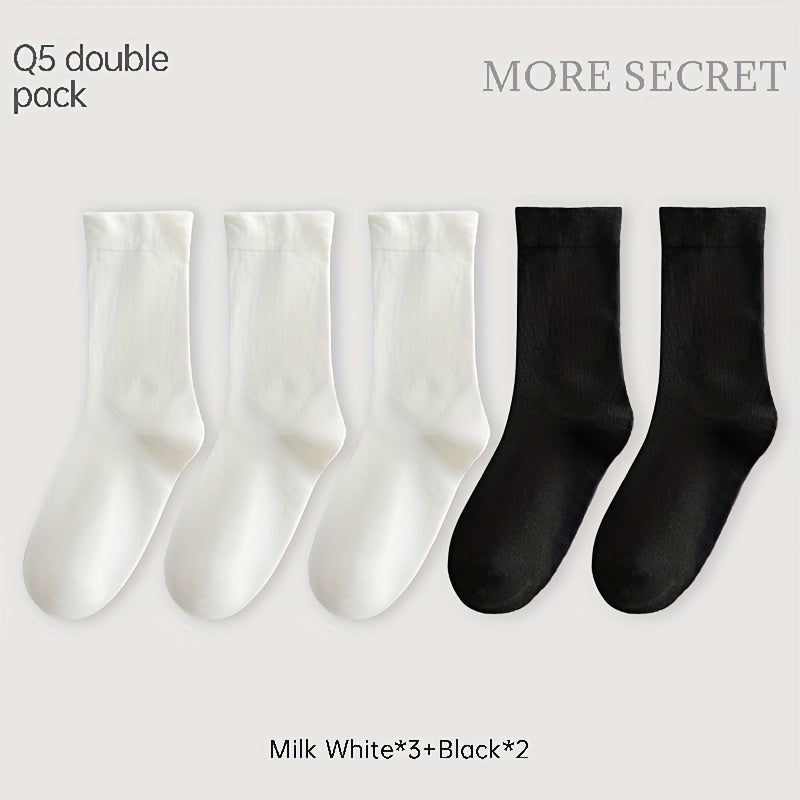 Breathable Mid Tube Socks Women's Stockings 5 Pairs Solid Socks