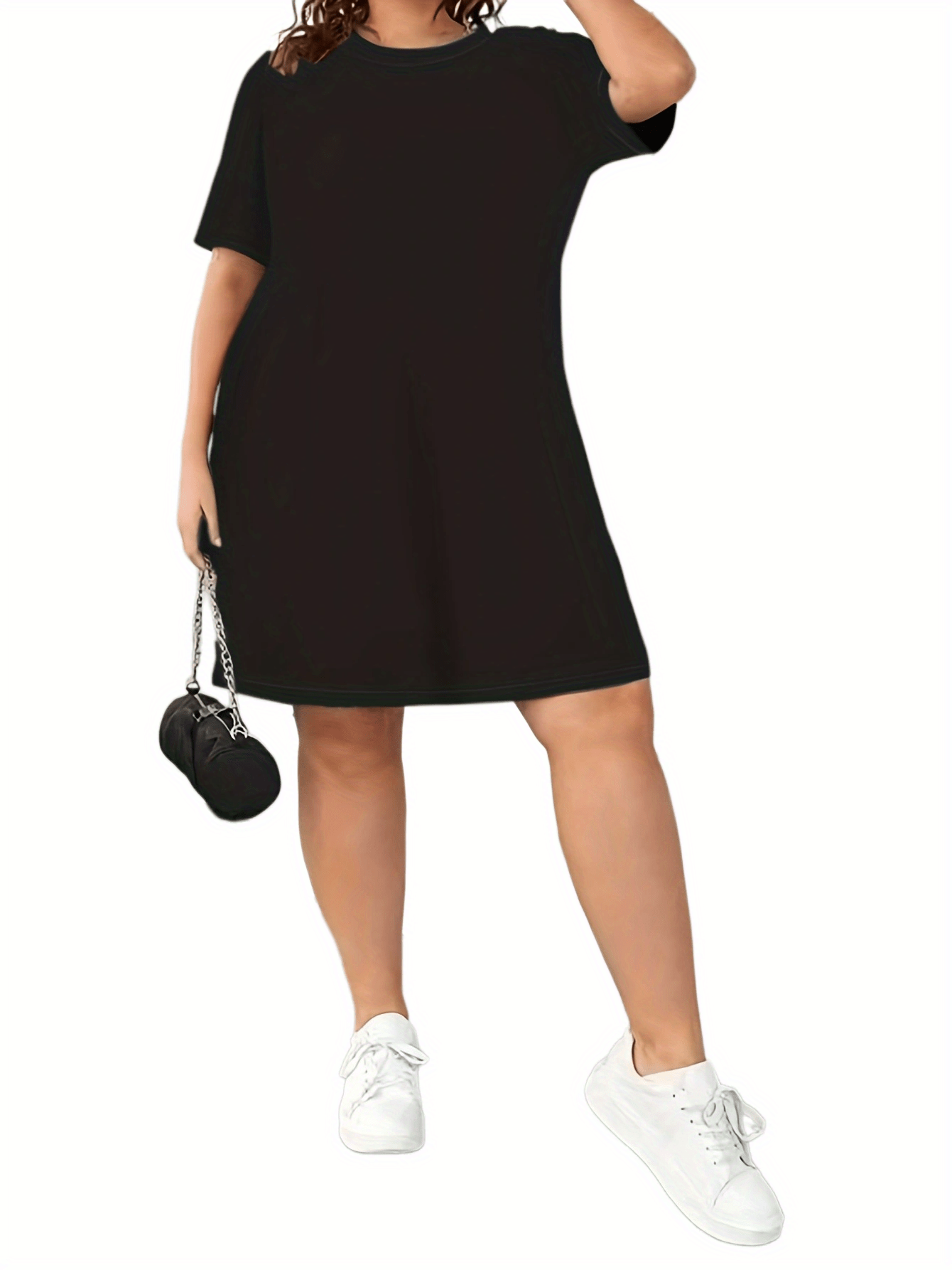  Solid Round Neck Short Sleeve Tee Dress