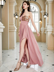 Sequined One Shoulder Aline Dress Split Dress For Party & Banquet