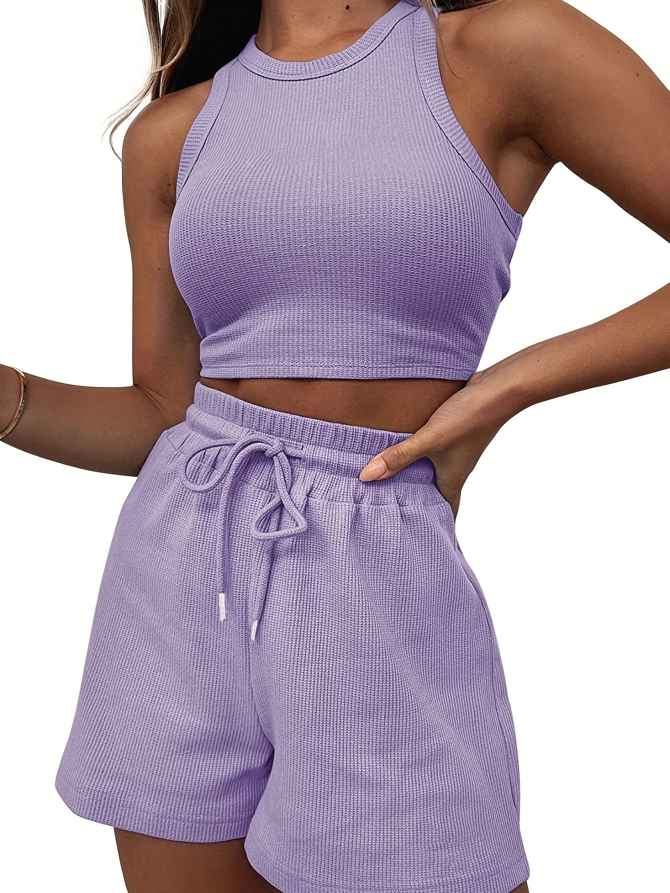Rib Knit Crop Top & Drawstring Shorts Set, Casual Sports Suit