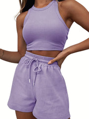 Rib Knit Crop Top & Drawstring Shorts Set, Casual Sports Suit
