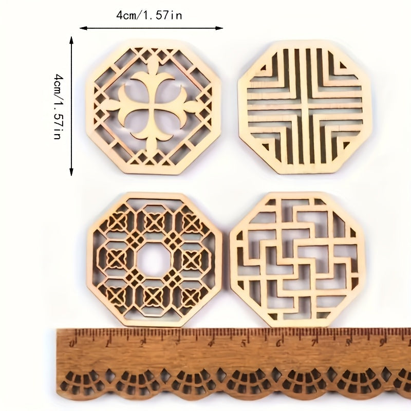 25pcs Mixed Hollow Wooden Cutouts DIY Craft Octagonal & Hexagonal Shapes