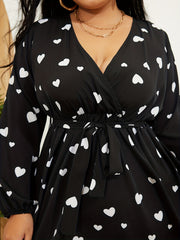  Heart Print Lantern Sleeve Dress With Belt