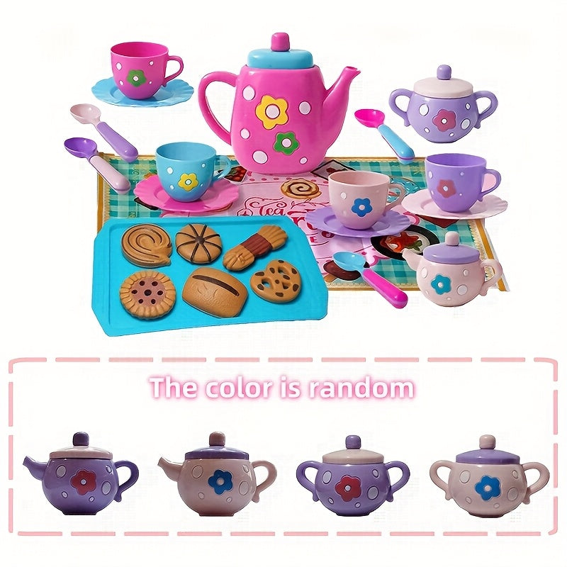 Kids Pretend Play Tea Set with Tray & Cookies Pink & Floral Plastic