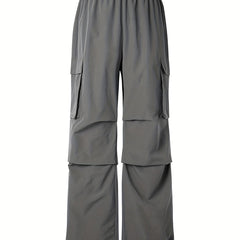  Y2K Cargo Pants Solid Elastic Drawstring Straight Leg