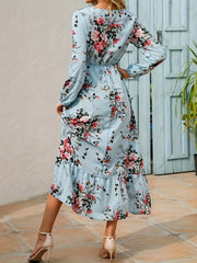 Floral Print Long Sleeve Tiered Dress Crew Neck