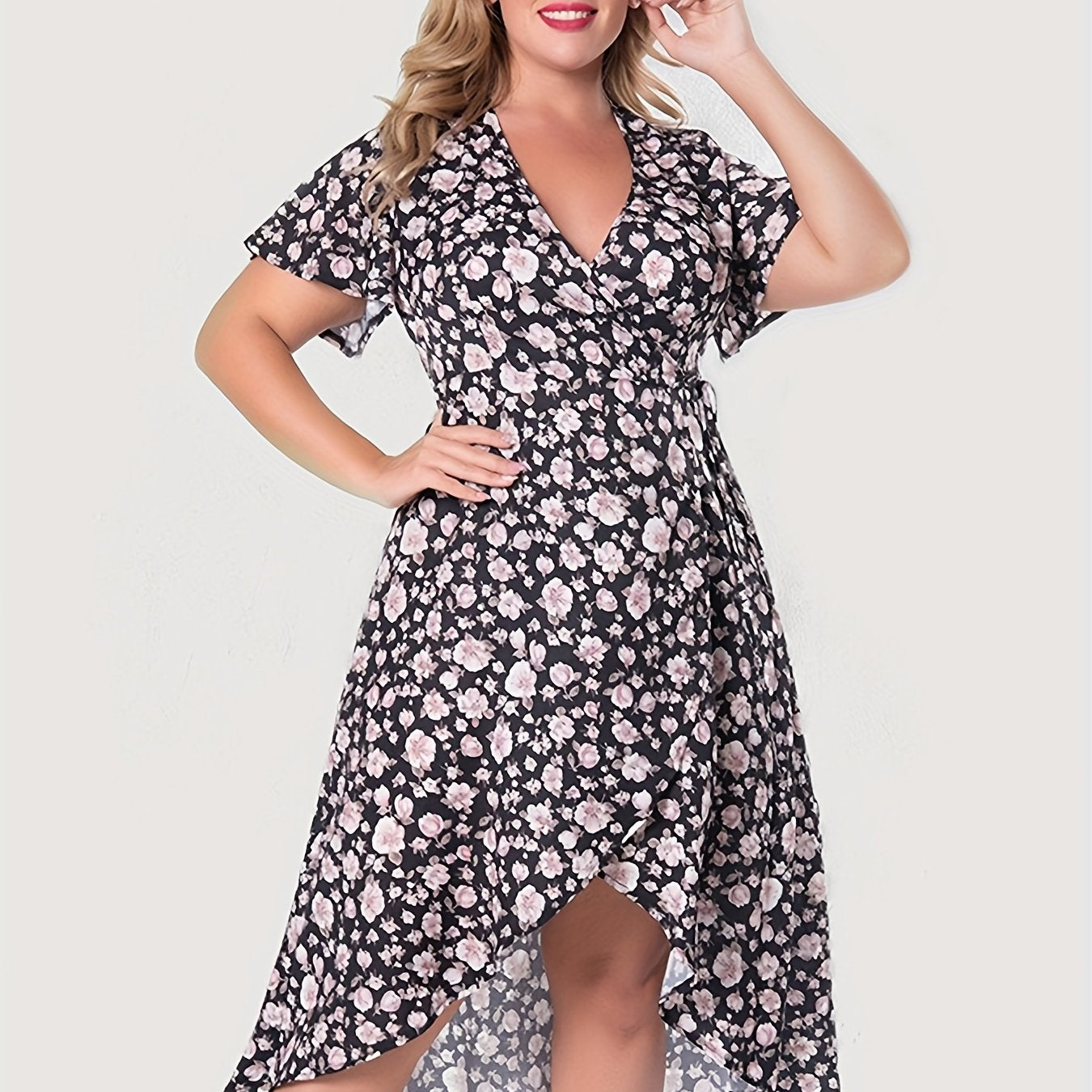 Floral Print Short Sleeve V Neck Layered Maxi Dress