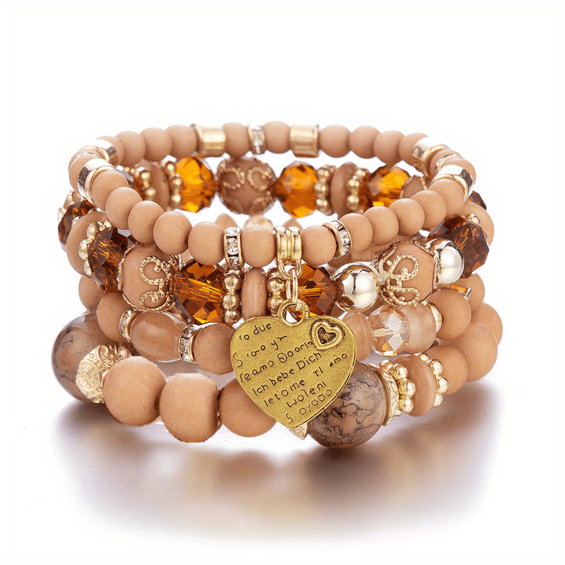 Heart Charm Bead Layered Bracelet Set Vintage Jewelry Gift