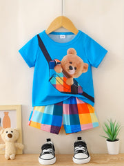 Preppy Kids Bear Graphic T-shirt & Plaid Shorts Set