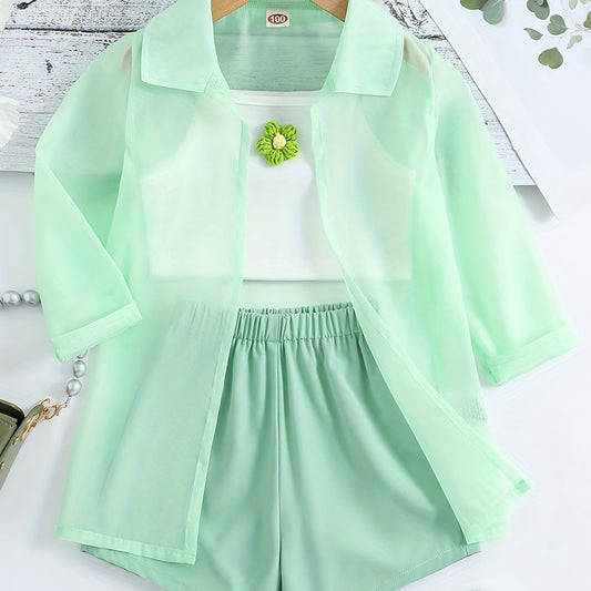 3 Pcs Ultra Thin Long Sleeve Semi Sheer Top & Cami Crop Top & Shorts Set